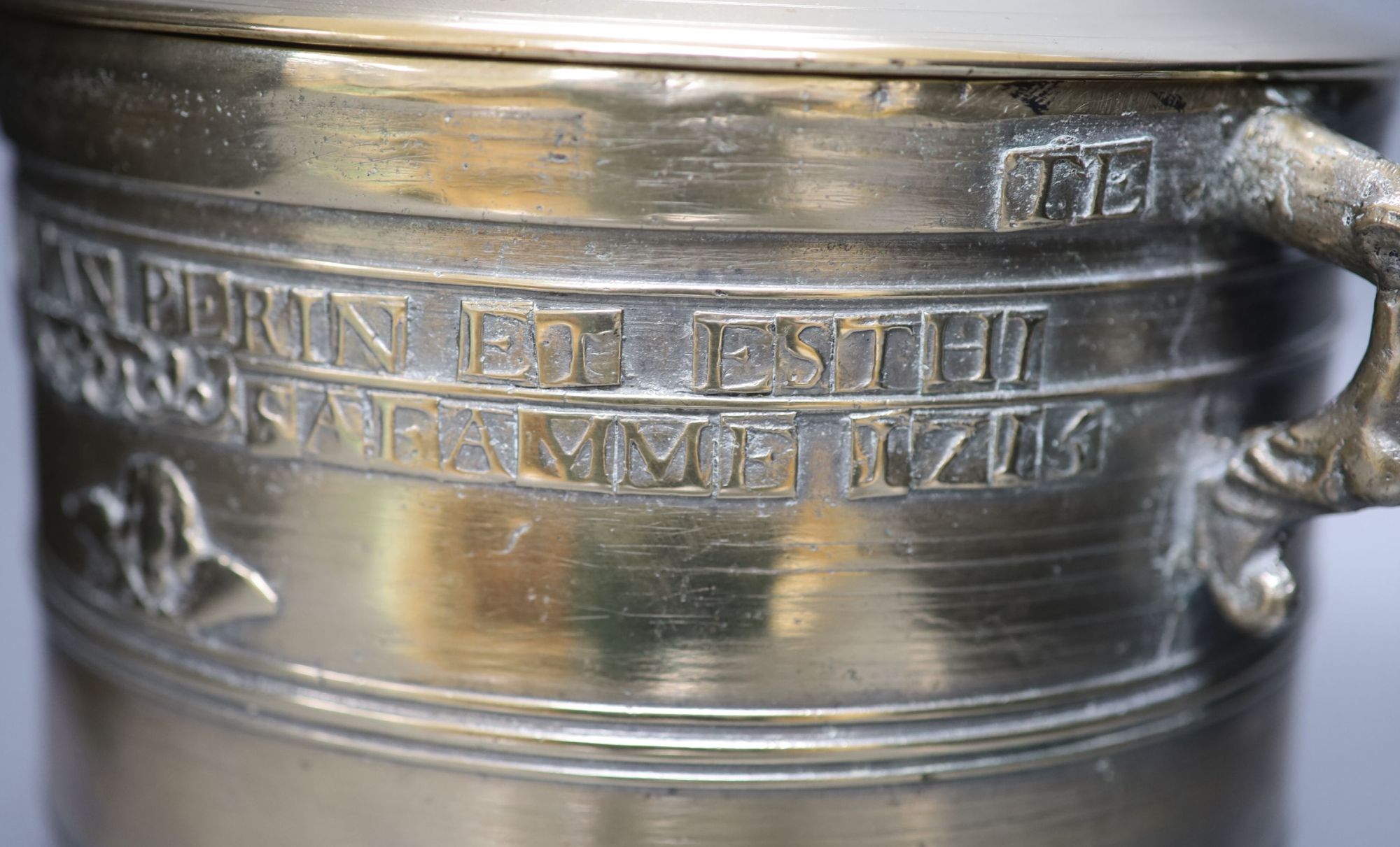 An early 18th century French bronze bowl, dated 1715, with cover, height 29cm